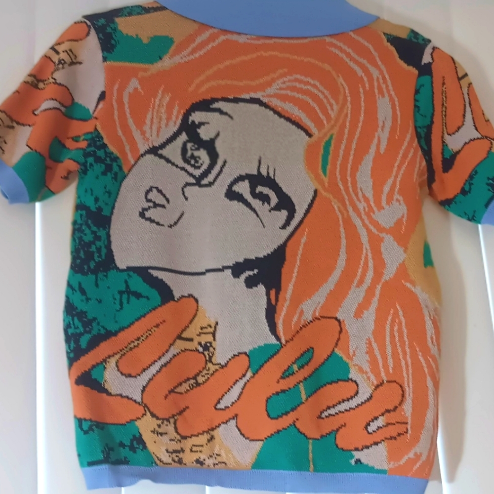 Ladies Printed Pattern Lapel Knitted Sweater Pullover Casual Abstract Cartoon